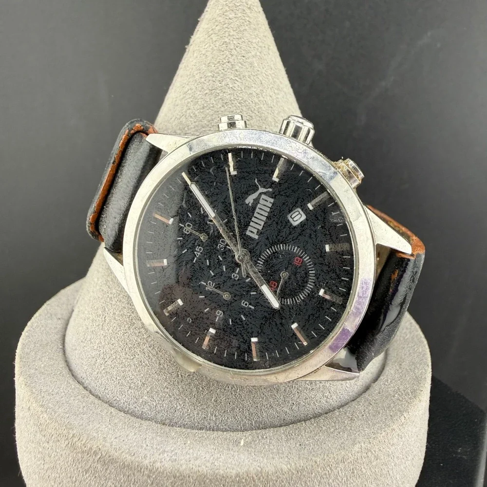 Puma Chronograph Watch Black Silver Leather Strap Date Sport Mens 7.5in